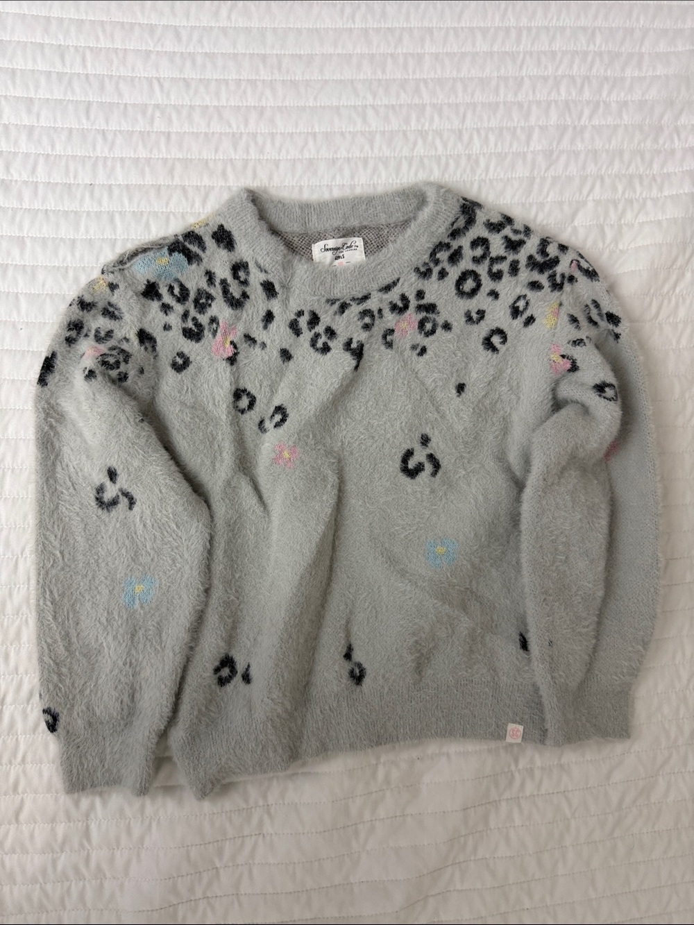 Sovereign Code Light Gray Fuzzy Leopard-Print Sweater with Pastel Accents